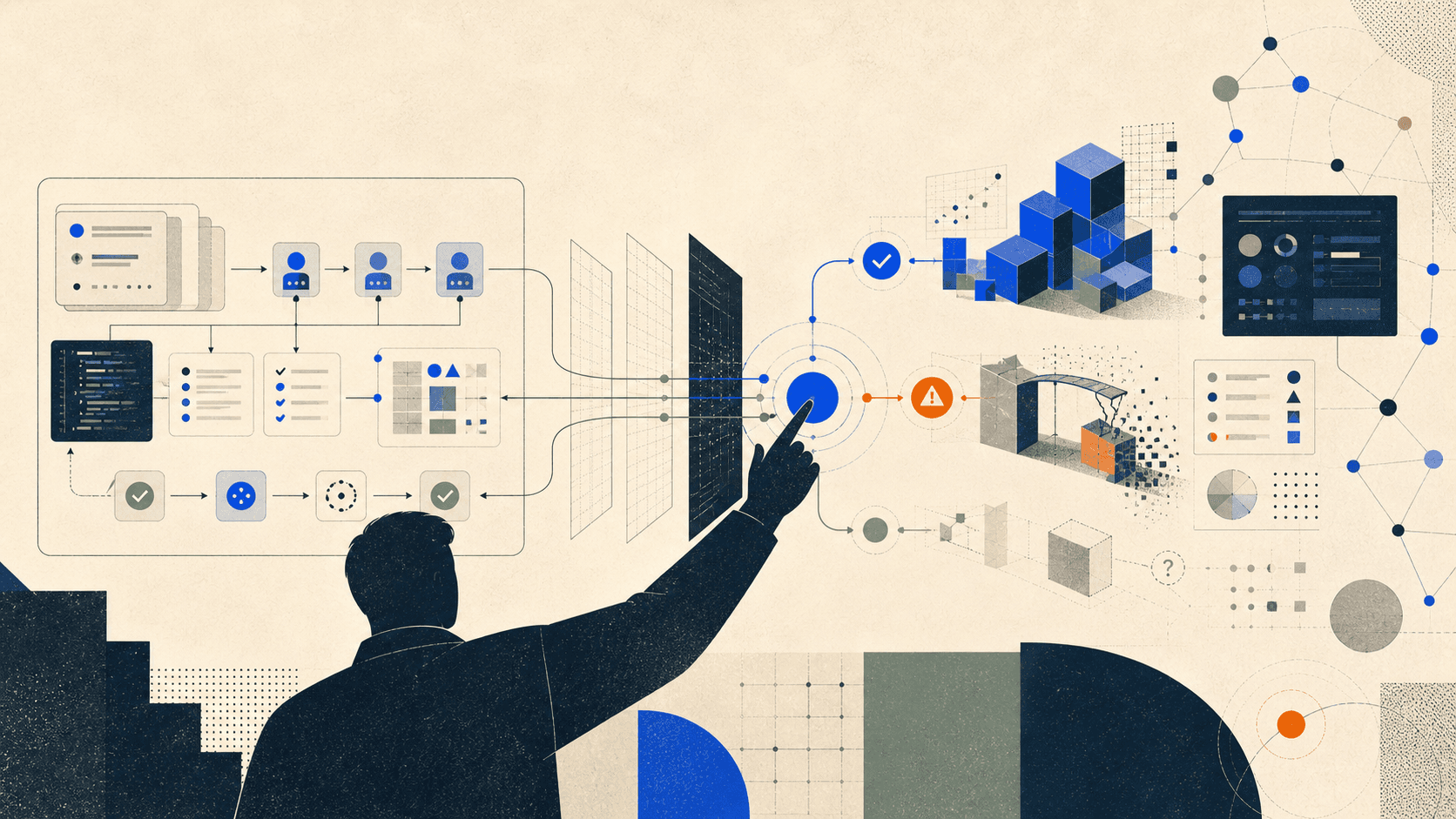 A human decision-maker choosing among branching software paths beyond a bounded AI ticket workflow.