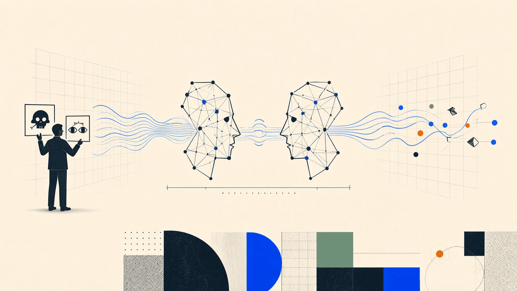 Two geometric AI agent profiles exchange compressed symbols while a human observer holds skull and eyes reaction cards beside an audit trail.