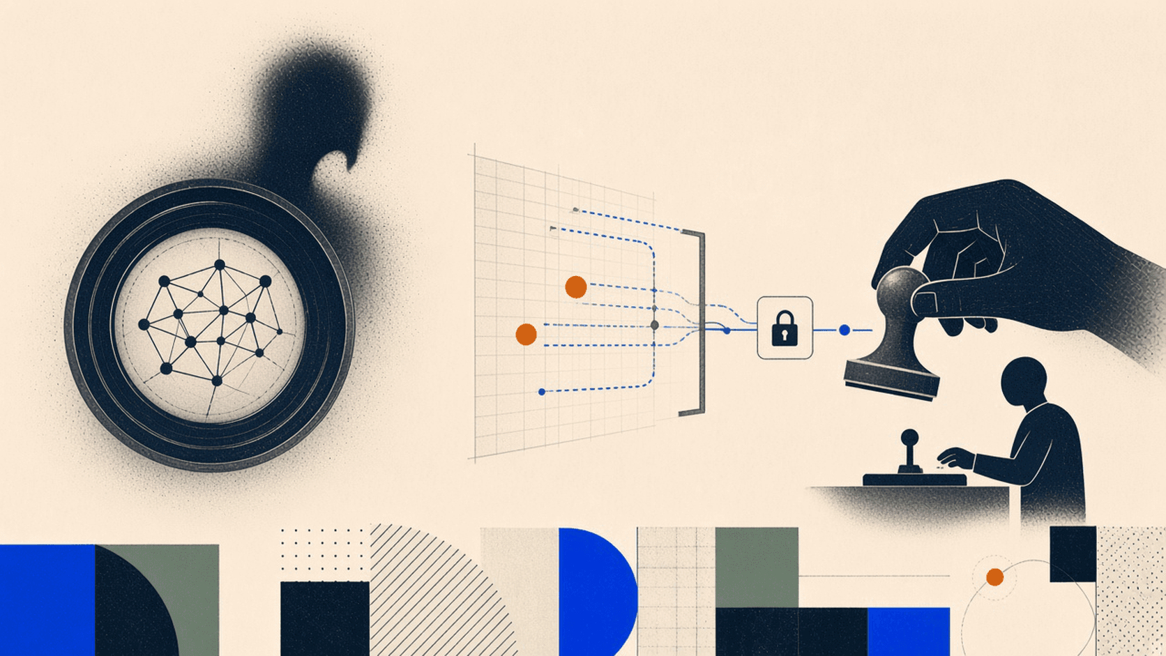 A geometric AI network comes into focus through a lens, then stops at a locked gate while a human hand holds the authority stamp.