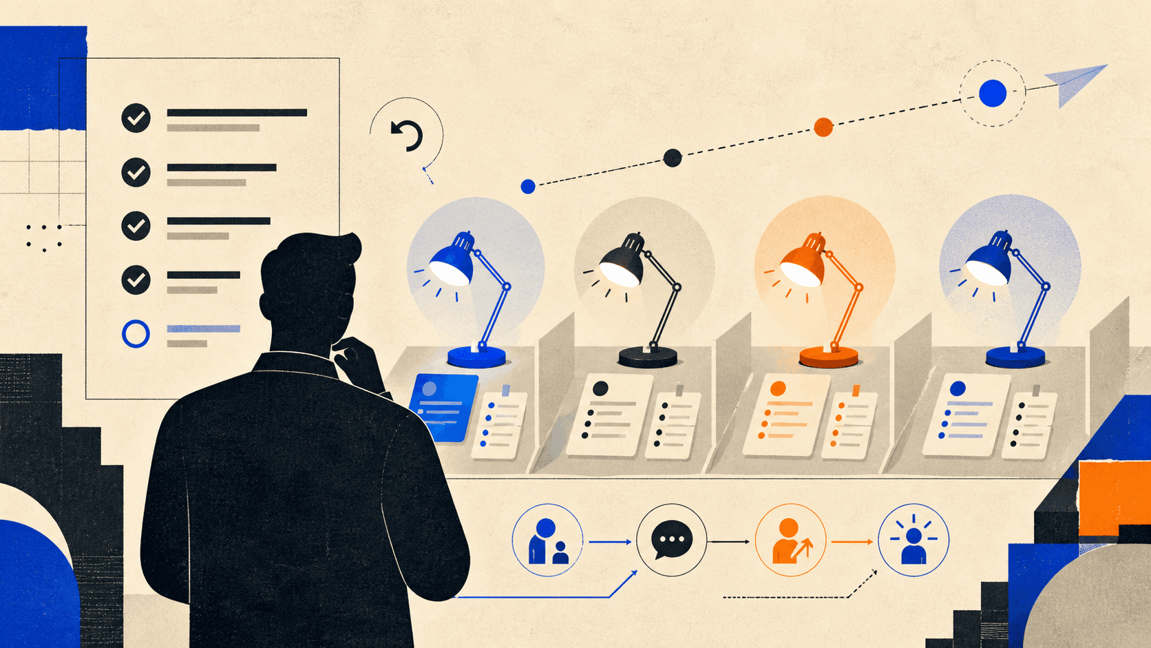 A human manager coordinating several AI agent workstations through checklists, feedback loops, and task cards.