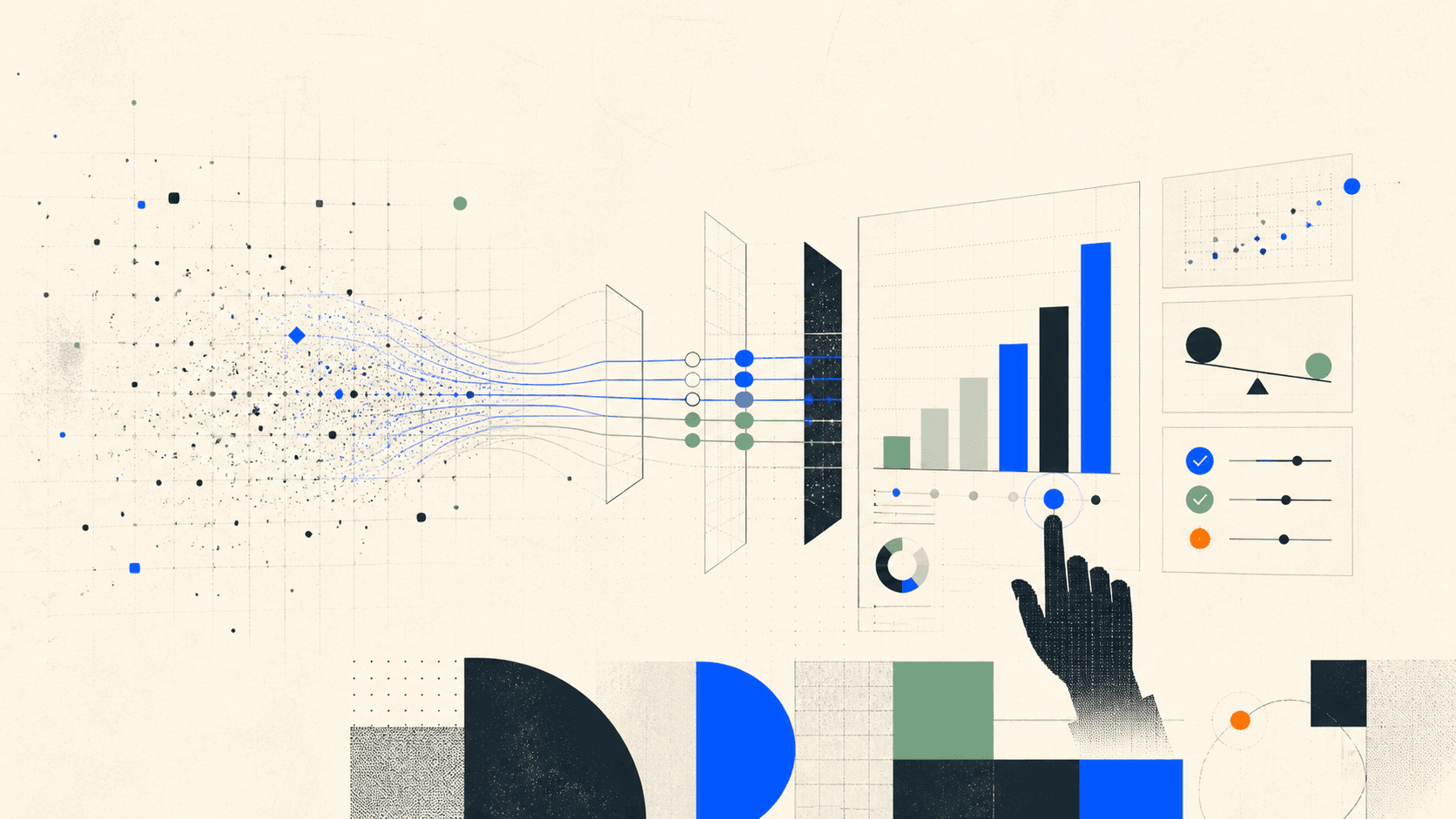 Abstract data flowing through measurement panels into charts and evaluation indicators.