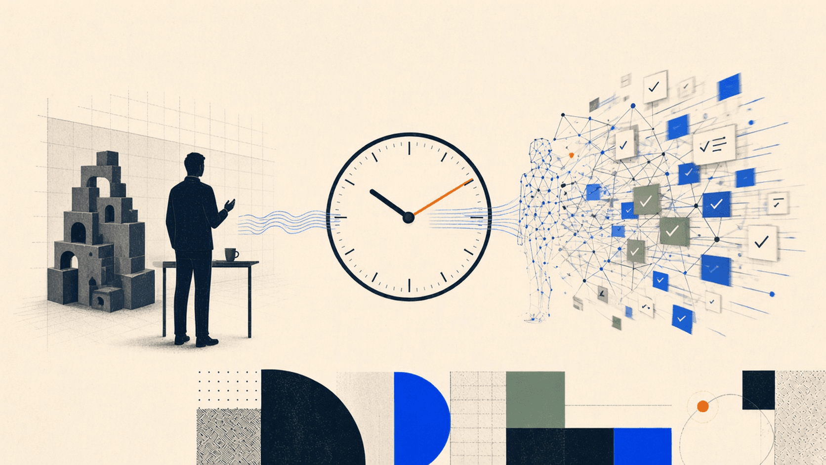 A shared analog clock stands between a still human silhouette with a coffee cup and a geometric network figure streaming completed task cards.