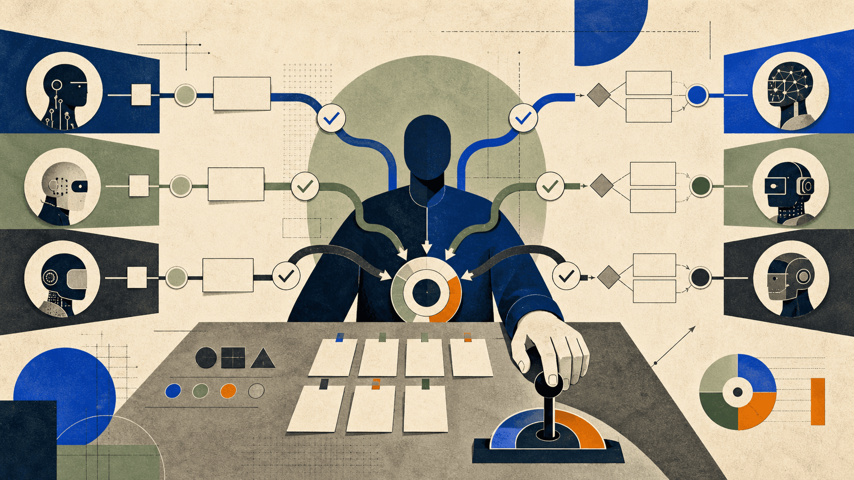 A human coordinator guiding several AI agent paths through checkpoints toward one accountability point.