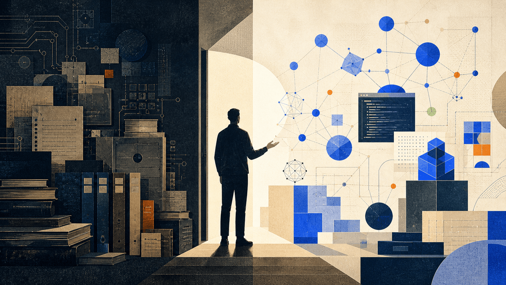 A human figure crossing from a dark archive of computer science into a bright network of coordinated AI systems.