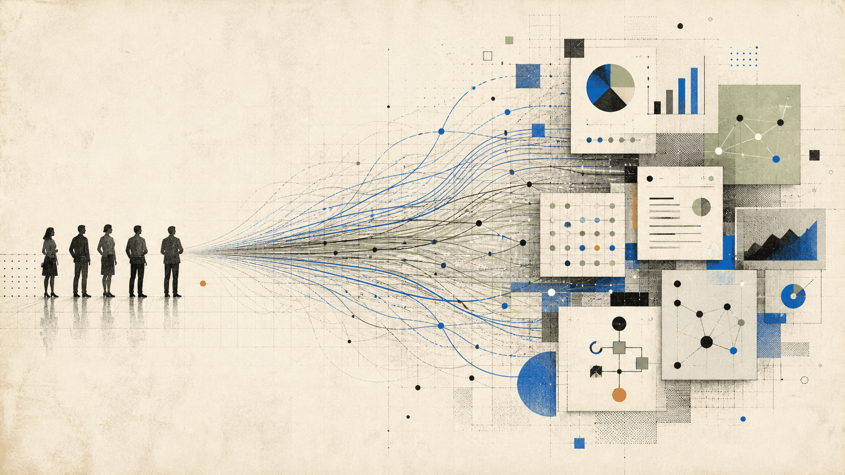 A small group of people feeding into many blue and green digital workstreams that flow through analytical panels.