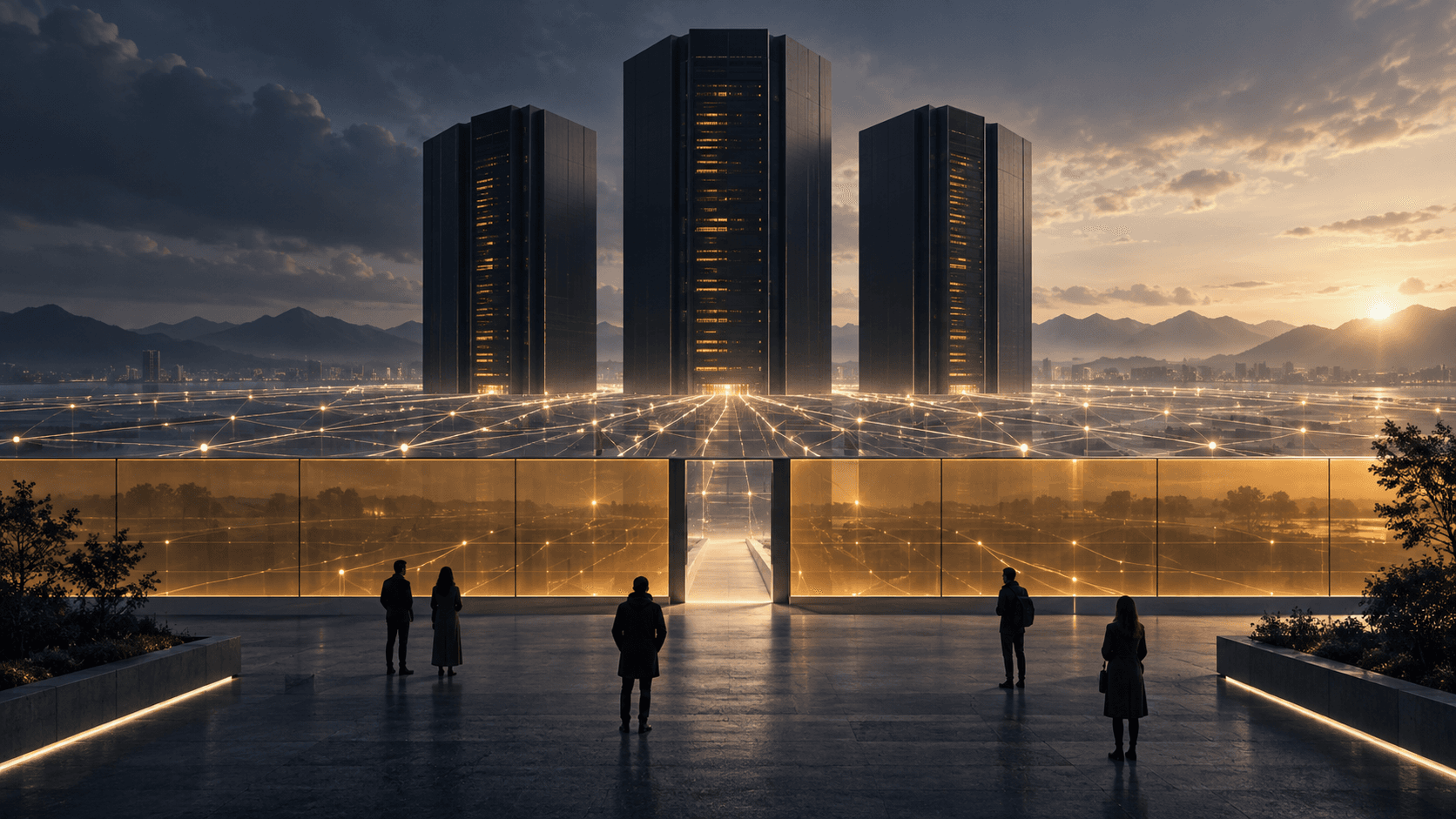 People face an amber glass barrier with an open passage toward three server towers connected by a luminous network.